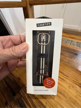 Casetify Black and Cream Striped Saffiano Watch Band with Rose Gold Hardware